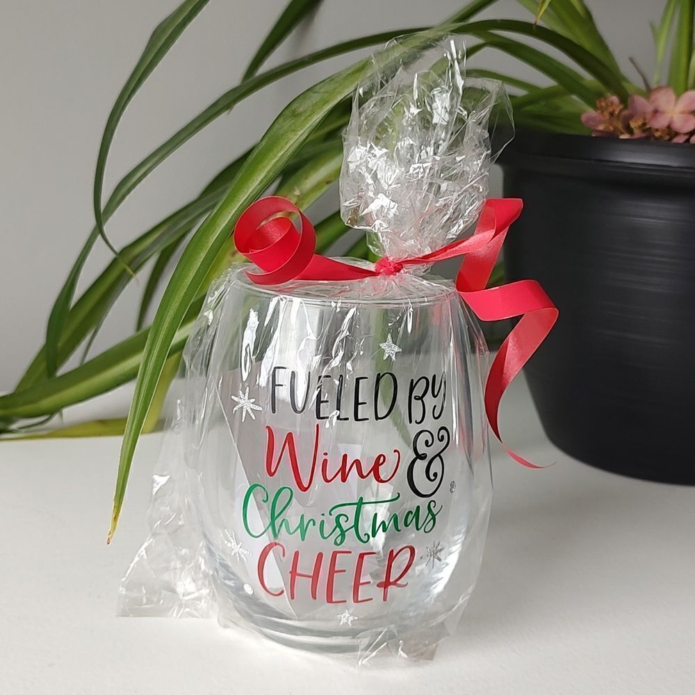 Brand New Custom Made Festive Clear Giftable Stemless Wine Glass